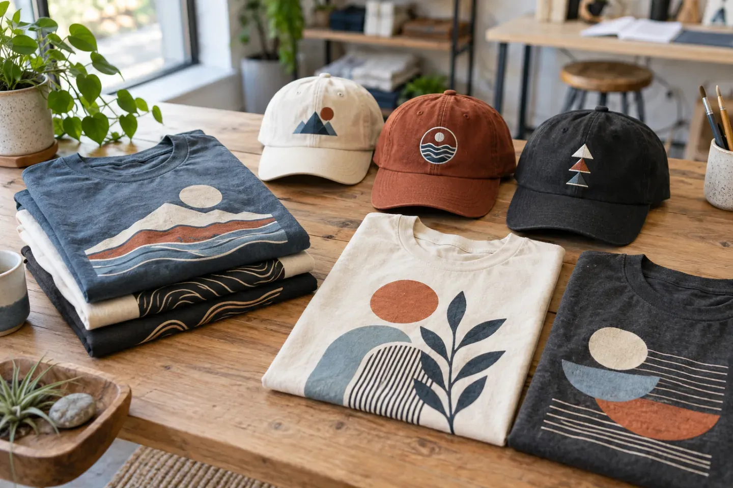 Coordinated custom printed shirts and embroidered hats on a studio table
