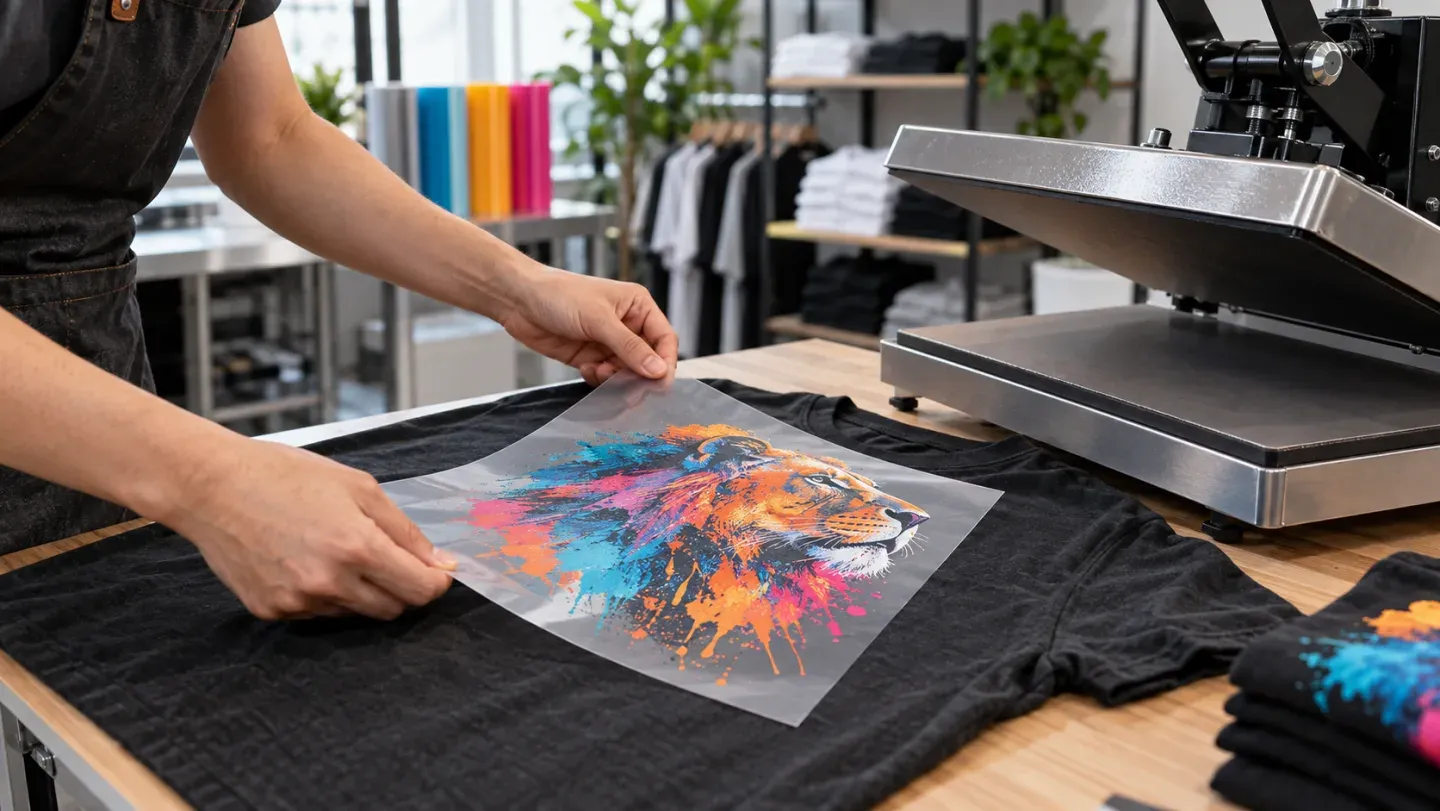 Colorful DTF transfer being positioned on a black work shirt