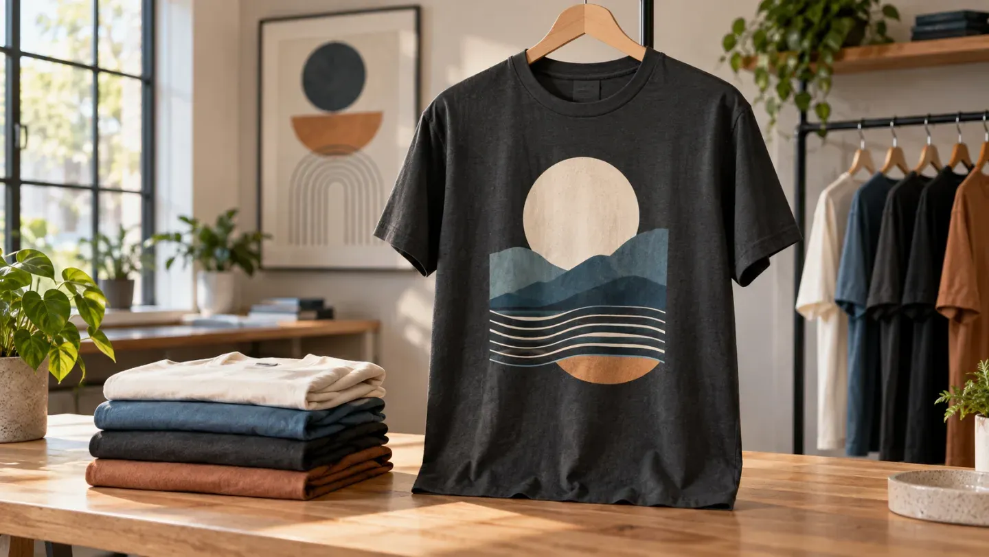 Custom graphic t-shirt displayed in a bright apparel studio