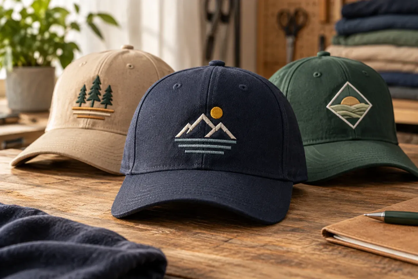 Three custom caps with crisp geometric embroidery
